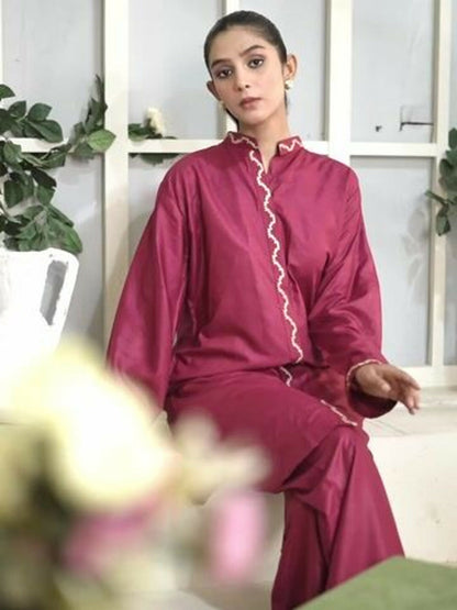 Stylish Collection Aaraish Linen Embroidered Co-Ord Set-Maroon Ringles