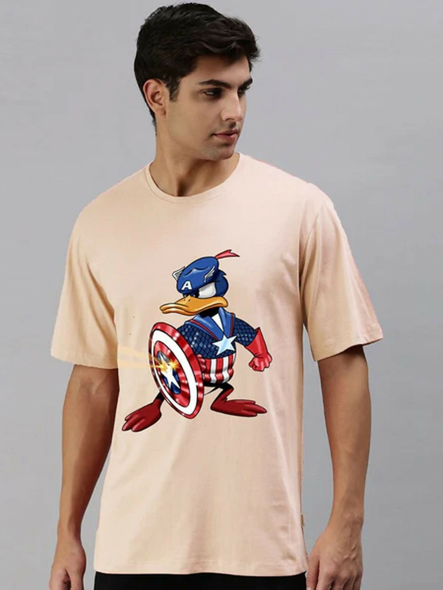 Peach Jupiter Printed Oversized Off Shoulder Duck Tee Shirt-13523