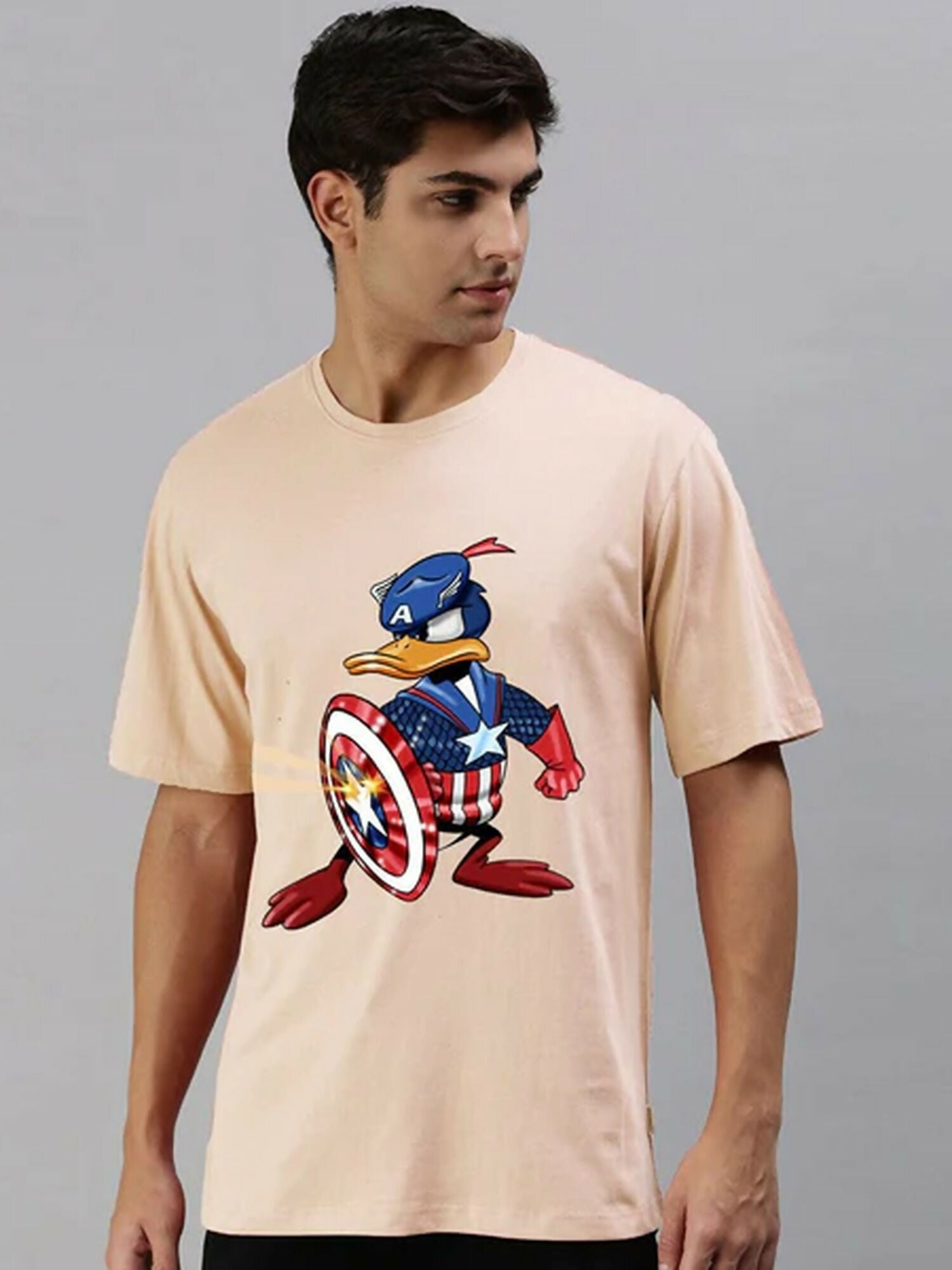 Peach Jupiter Printed Oversized Off Shoulder Duck Tee Shirt-13523