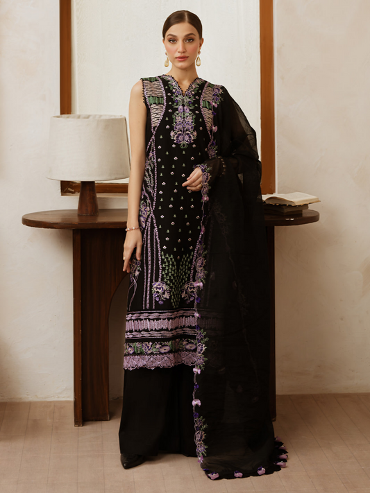 Unstitched 3-piece suit with embroidered front and back shirt, dyed trouser, and embroidered Monark dupatta.