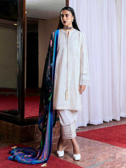 Off-white cotton long shirt with monochrome embroidery, panni work, boring, and tassels, bell sleeves with matching embellishments, culottes with similar embroidery, and digitally printed chiffon dupatta.