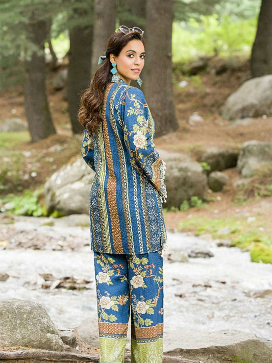 HU Studios Doriya Linen Printed Stitched 2-Piece Suit-Blue Floral Oasis