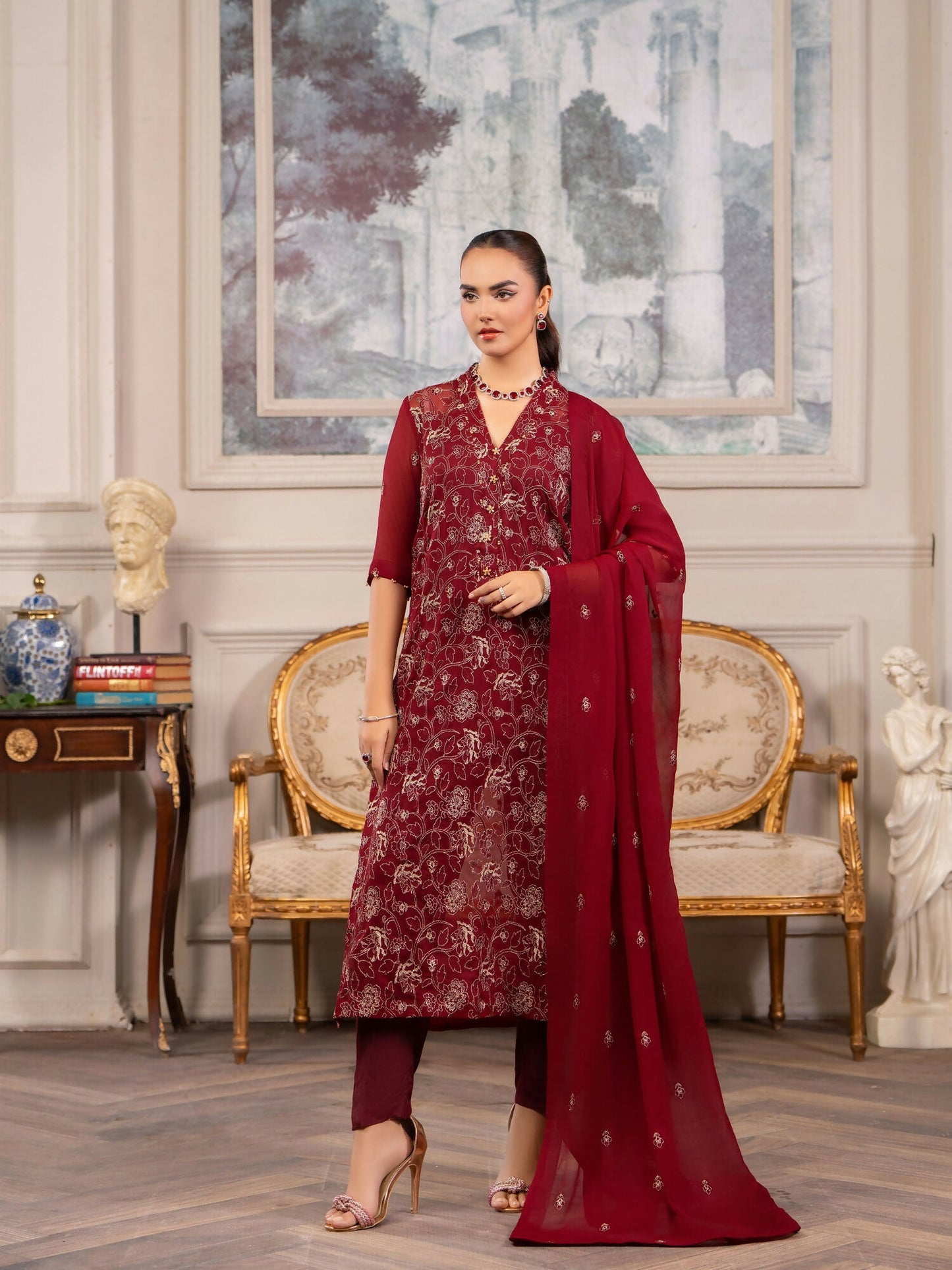 Hemstitch Chiffon Embroidered Stitched 3-Piece Suit-Melina