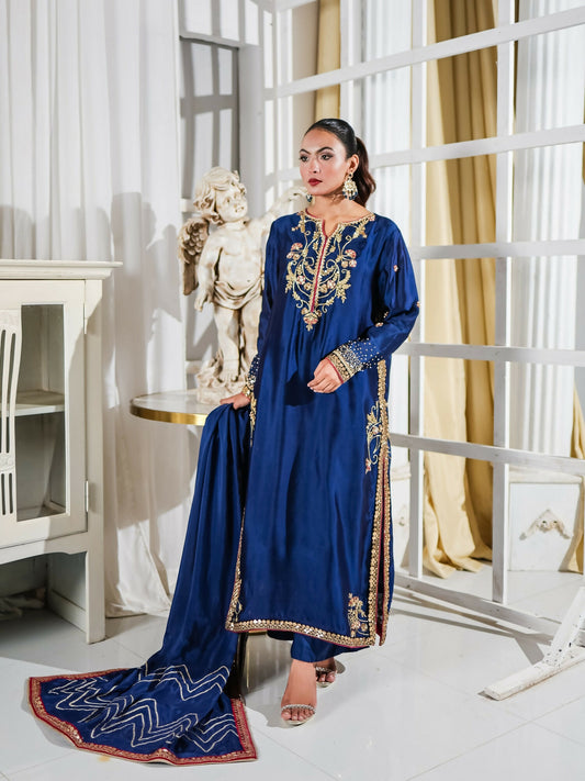 Farooq Hameed Studio Pariza Lux Festive'25 Pure Glass Silk Embroidered Stitched 3-Piece Suit-Fariyn