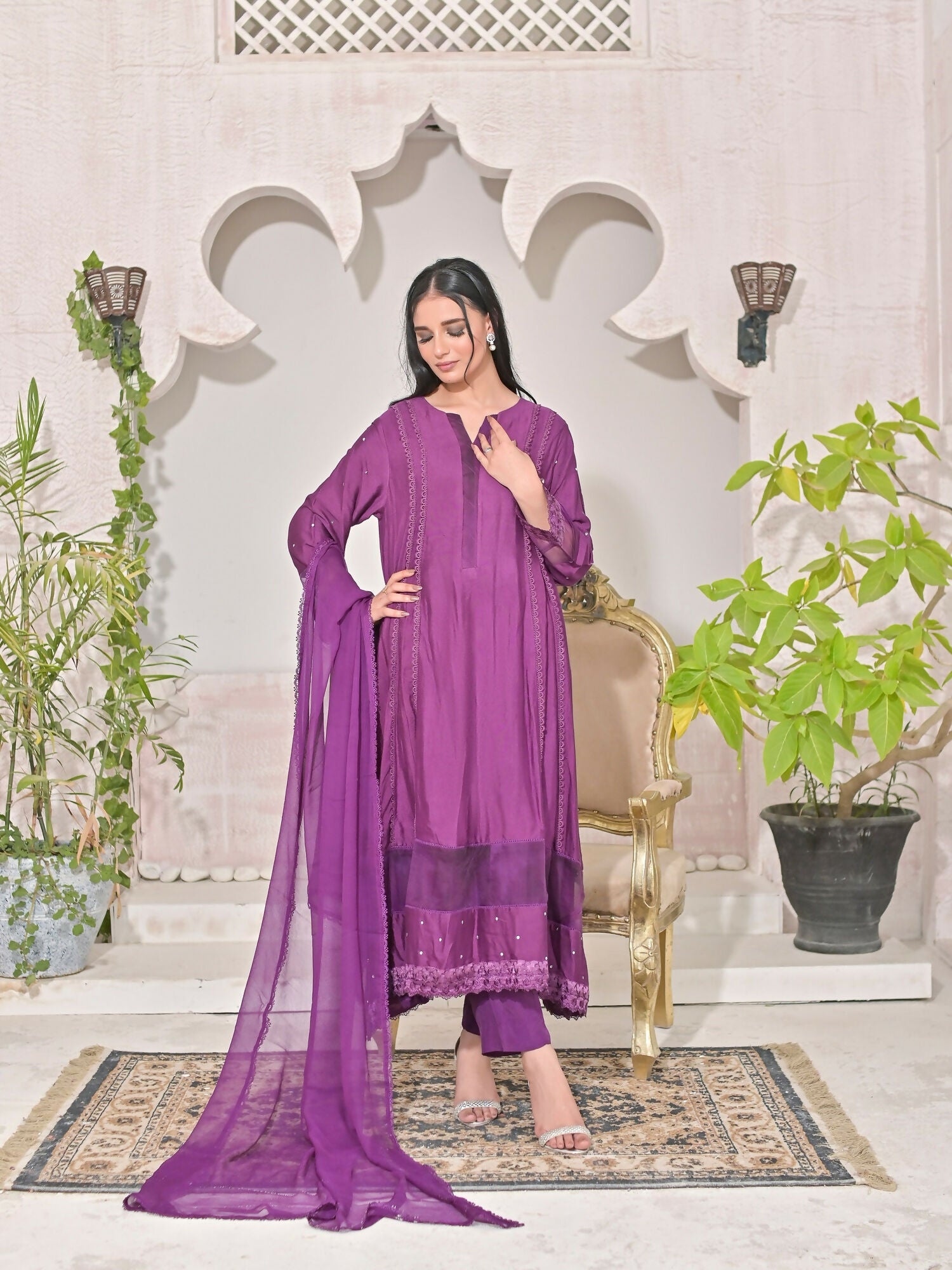 Ruby's Couture Shireen Raw Silk Embroidered Stitched 3-Piece Suit-Ghazel