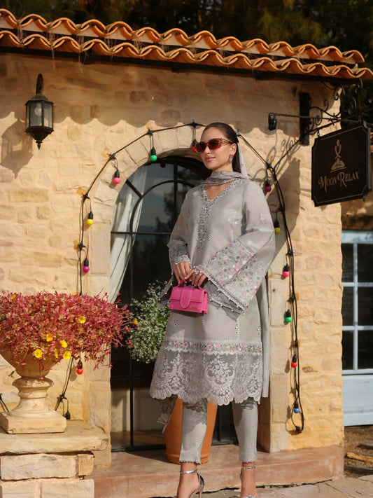 Grey schiffli embroidered lawn unstitched 3-piece suit with chiffon dupatta by Noor Saadia Asad.