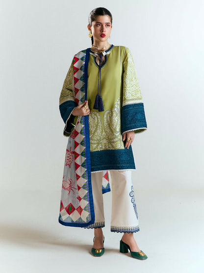 Light green embroidered cotton shirt with blue contrast borders, ivory culottes with panni embroidery, and digitally printed silk dupatta with bold geometric patterns and vibrant accents.