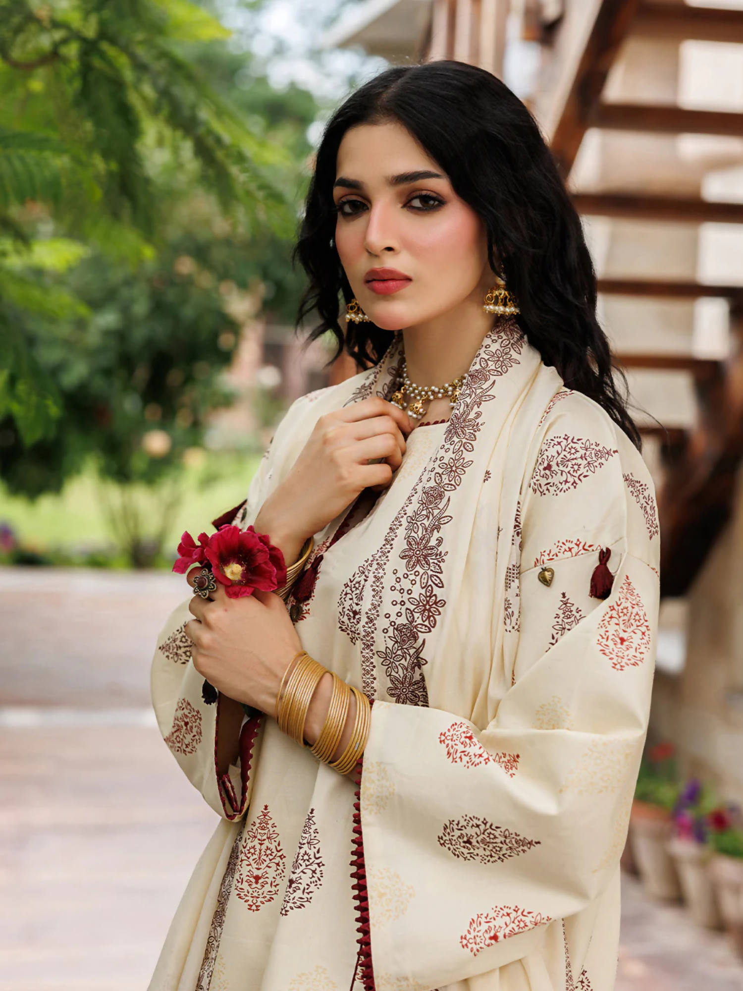 Cream Panache Apparel Noor Mahal Cotton Printed Stitched Suit-Razeen