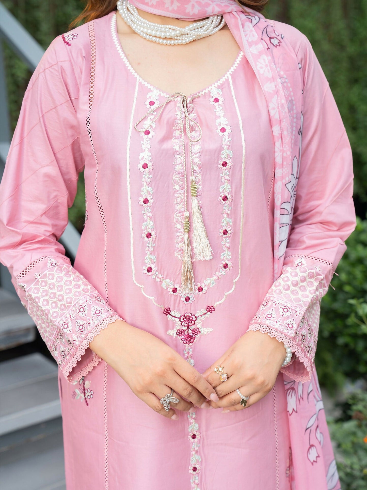 Panache Apparel Solid Story Cotton Lawn Embroidered Stitched Suit-Rosewood