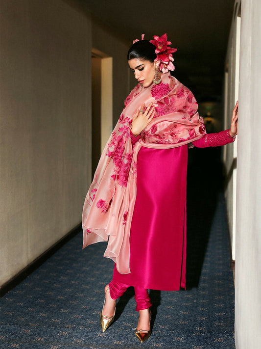 Hussain Rehar stitched 3-piece suit featuring raspberry pink raw silk long shirt with lace trims, powder pink organza dupatta with satin stitch embroidery, and matching raw silk churidar.