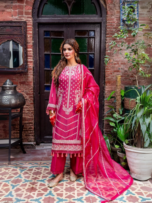 Fatima Hussain unstitched 3-piece suit with embroidered 6-panel lawn shirt, embroidered cotton net dupatta, and dyed cotton trouser.