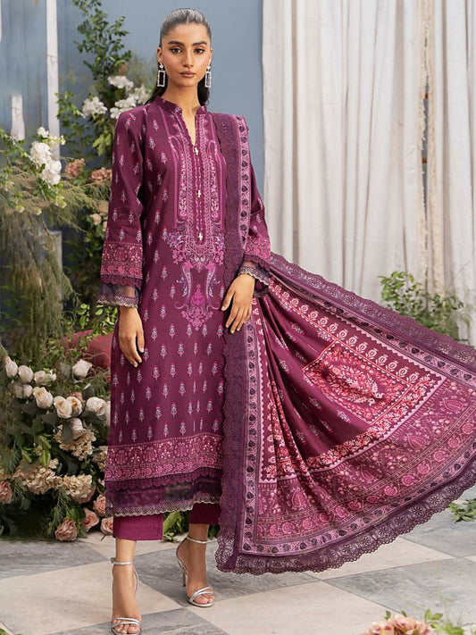 Mausummery unstitched 3-piece suit with digital printed Linen Doria shirt and dupatta, paired with dyed linen trouser for a graceful winter look.