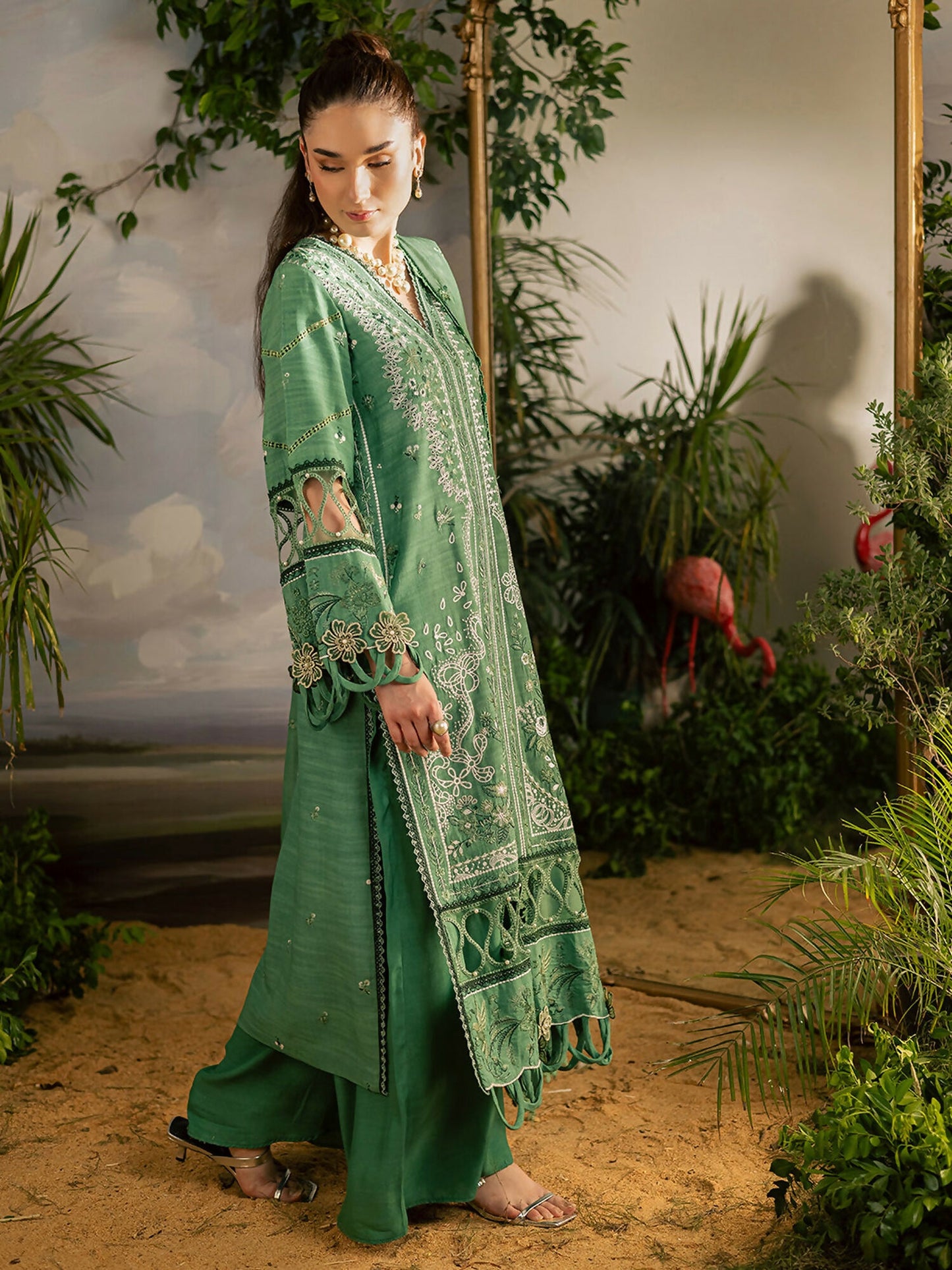 Mahnur Kaia Slub Linen Embroidered Stitched 3-Piece Suit-K- 05