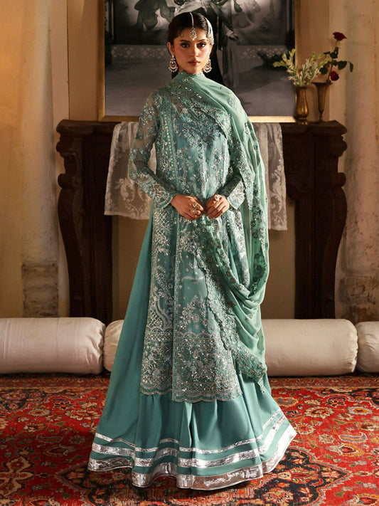 Mahnur – Stitched 3-Piece Embroidered Organza Suit with Chiffon Dupatta and Raw Silk Trouser