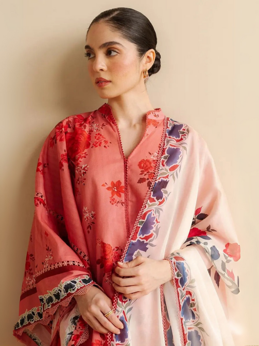 Unstitched 3-piece printed suit with floral lawn shirt, cambric trouser, and printed silk dupatta