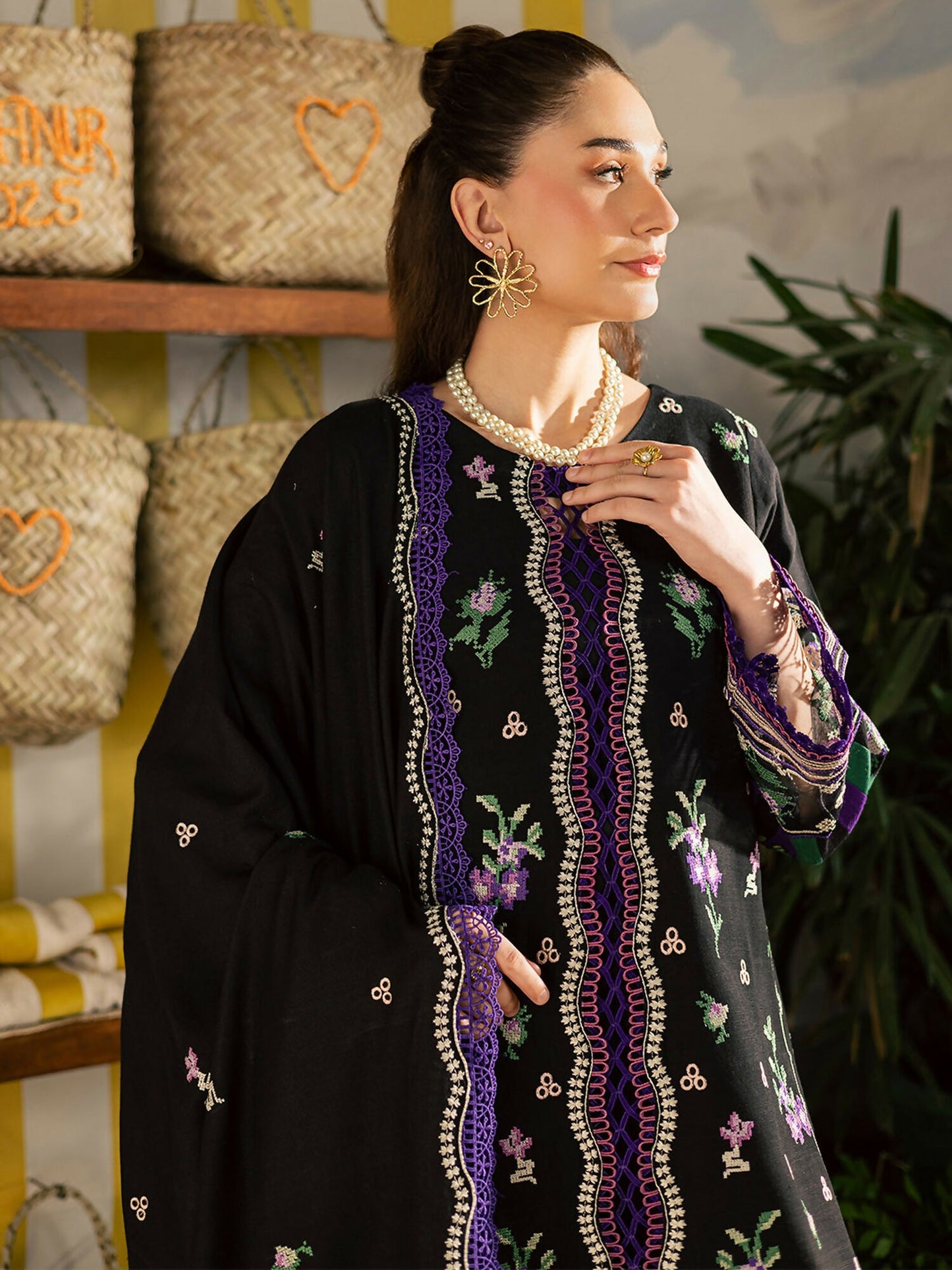 Mahnur Kaia Slub Linen Embroidered Stitched 3-Piece Suit-K- 02