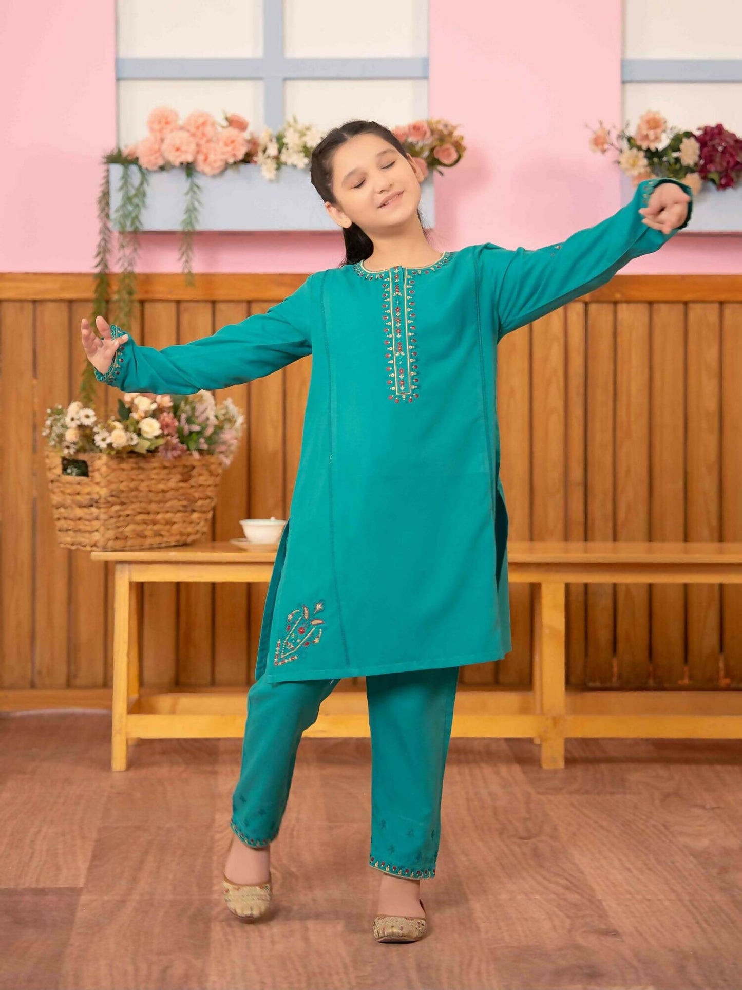 Velvour Girls Cotton Embroidered Stitched 2-Piece Suit-VG88-A