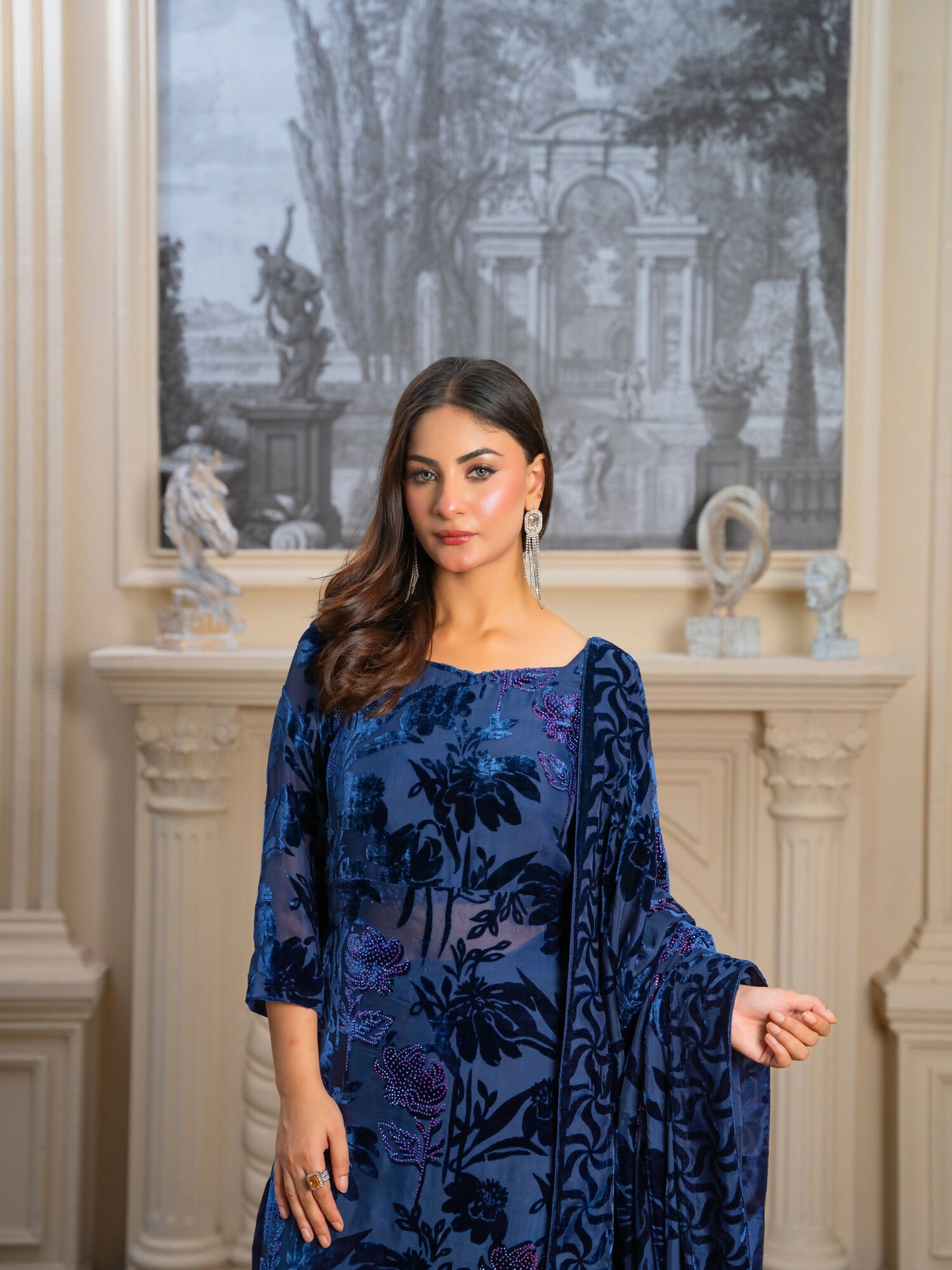 Noori Palachi Embossed Printed With Stone Work Unstitched 3-Piece Suit