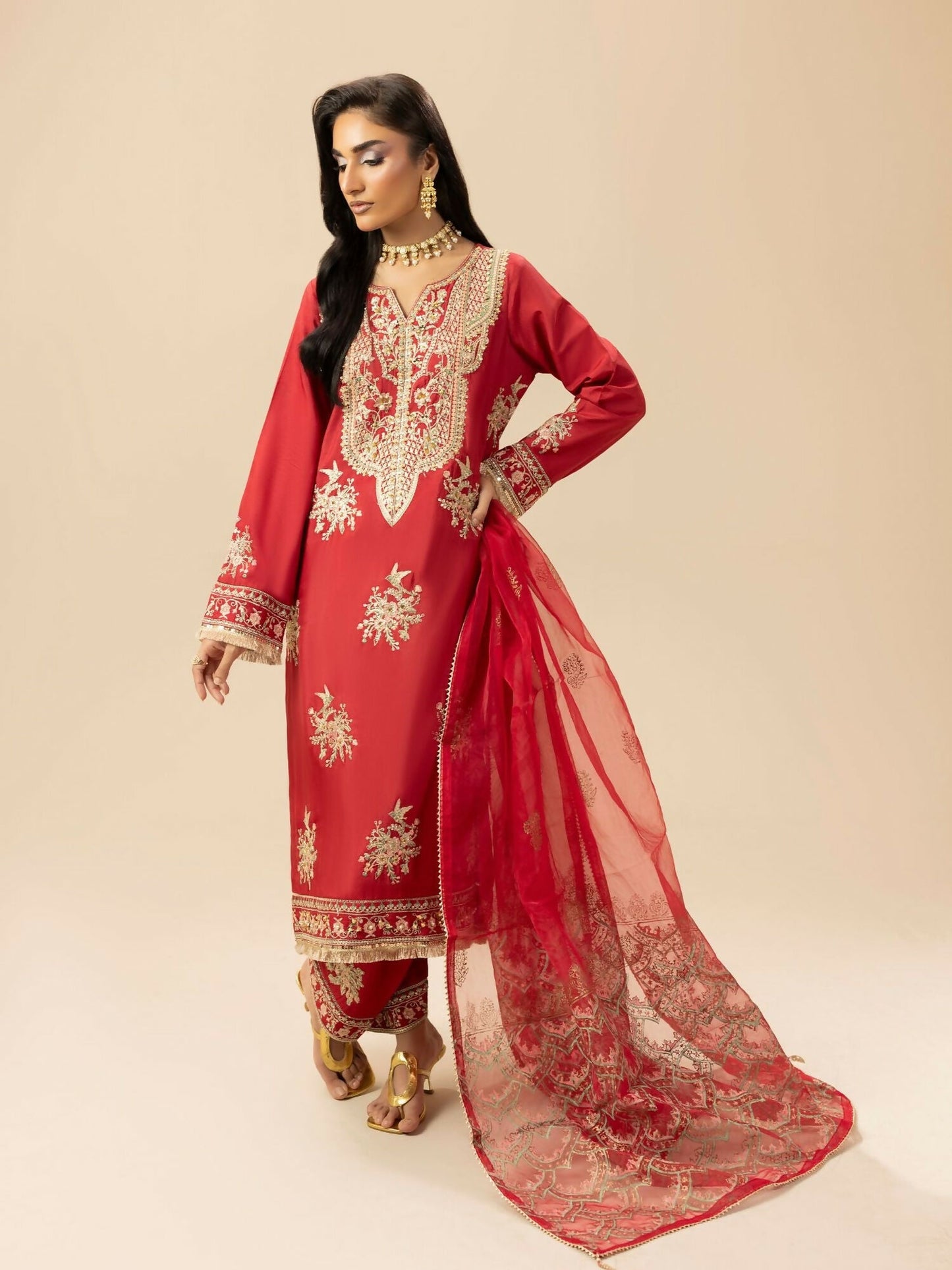 Shurooq Garden Of Dreams Silk Embellished Stitched 3-Piece Suit-Crimson