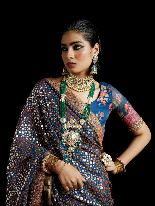 Hussain Rehar chiffon embellished shirt with floral printed sharara and heavily adorned chiffon dupatta