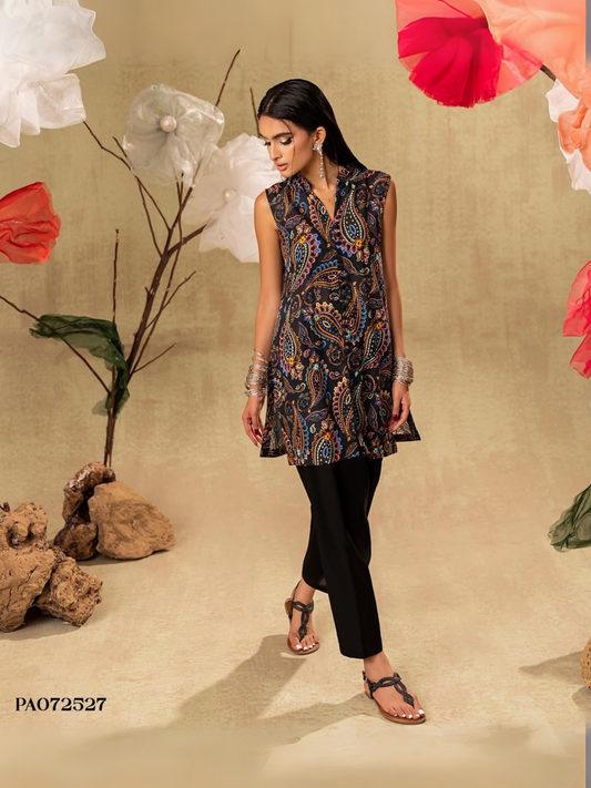 Unstitched 2-piece suit with black printed shirt and plain dyed trouser, ideal for everyday casual wear.