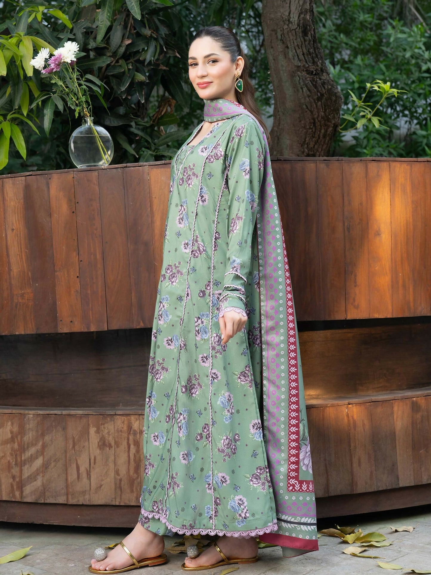 Panache Apparel Mah-e-Noor Khaddar Printed Stitched Suit-Pistachio Bloom
