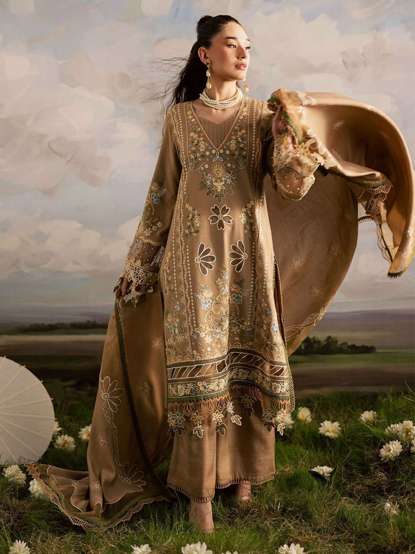 Mahnur Kaia Slub Linen Embroidered Stitched 3-Piece Suit-K- 04