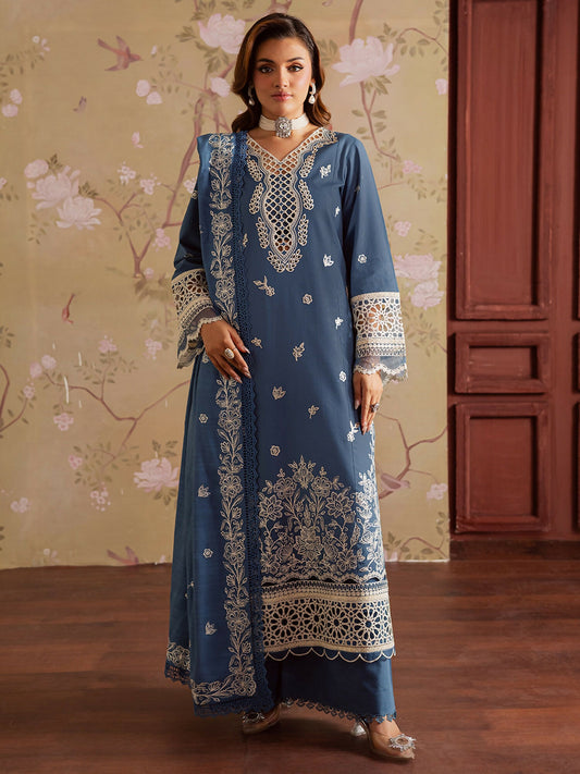 Mahnur Nova Khadar stitched 3-piece suit with embroidered khaddar shirt, embroidered wool shawl, and plain trouser.
