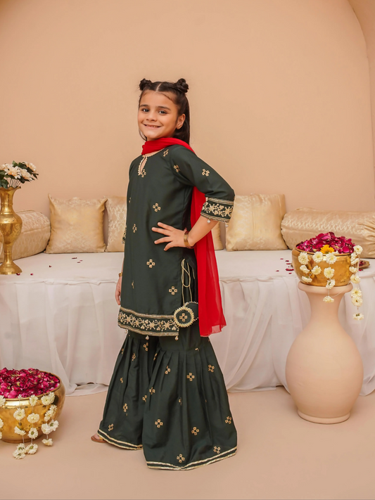 Kidoz Kloset Cotton Silk Embroidered Stitched 3-Piece Suit-Emerald Aura Gharara-Girl