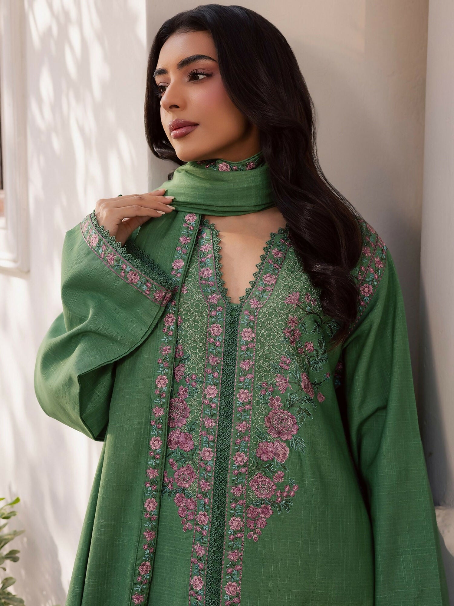 Mannat Clothing Laila Winter Pret '25 Karandi Embroidered Stitched Suit-Basil