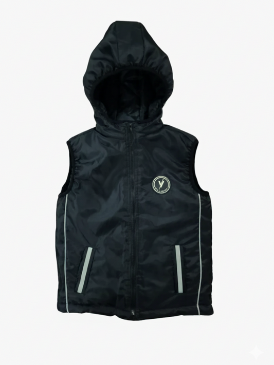 Black Velvour Sleeveless Hooded Puffer Jacket-VJ77-C