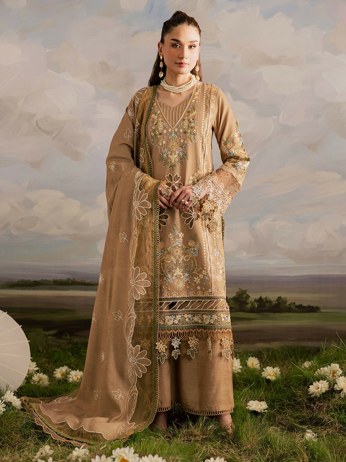 Mahnur Kaia Slub Linen Embroidered Stitched 3-Piece Suit-K- 04