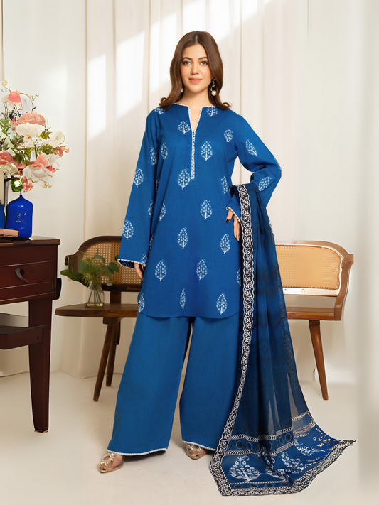 Blue printed lawn suit with voile dupatta