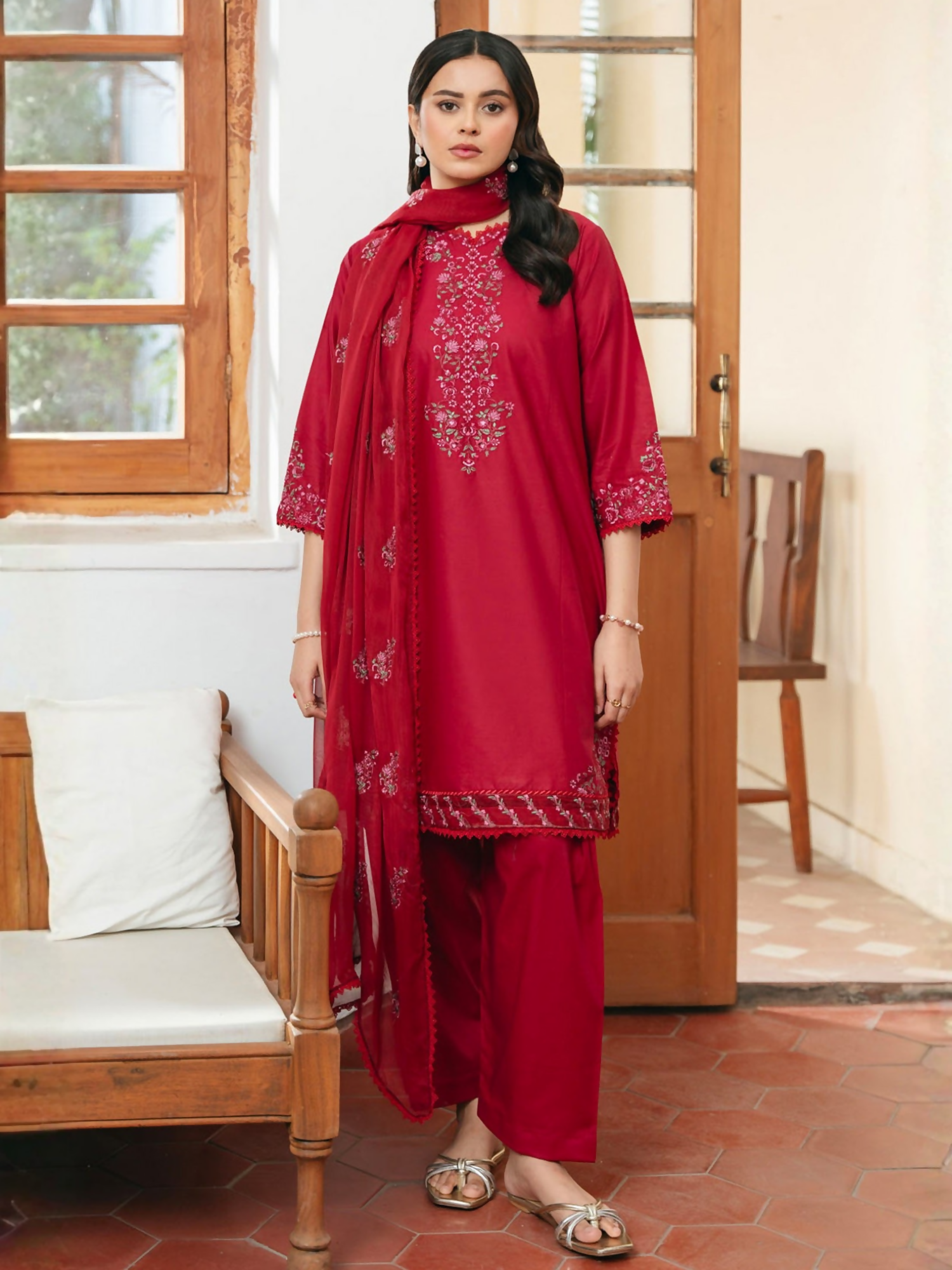 Mannat Clothing Lawn Embroidered Stitched Suit-Carmine