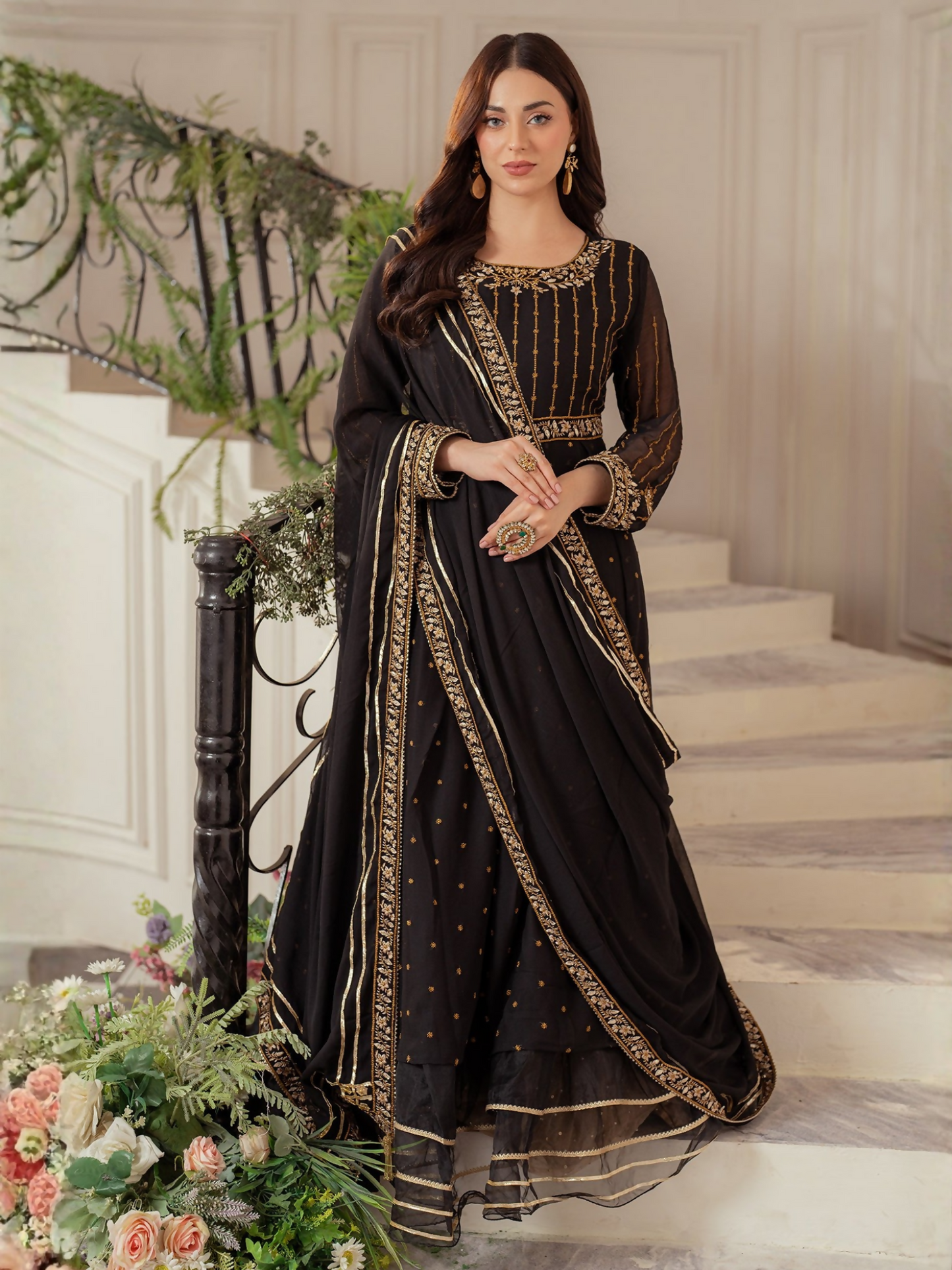 Panache Apparel Chiffon Embroidered Stitched 3-Piece Suit-Nightfall