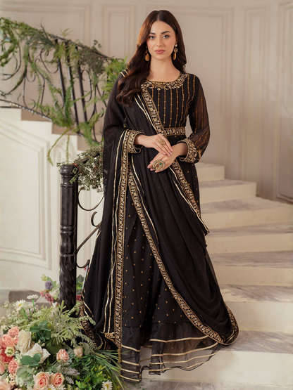 Panache Apparel Chiffon Embroidered Stitched 3-Piece Suit-Nightfall