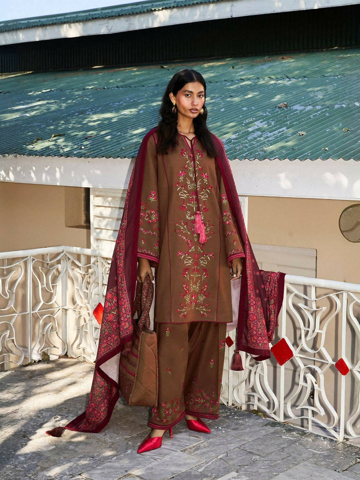 Jugnu by Hussain Rehar Khaddar Embroidered Unstitched 3-Piece Suit-Hazel