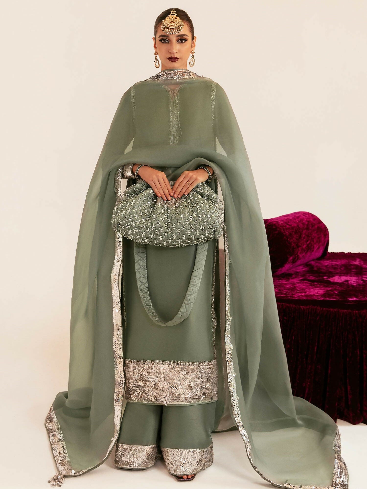 by Hussain Rehar light sea-green raw silk long shirt with embellished palazzo pants and organza dupatta