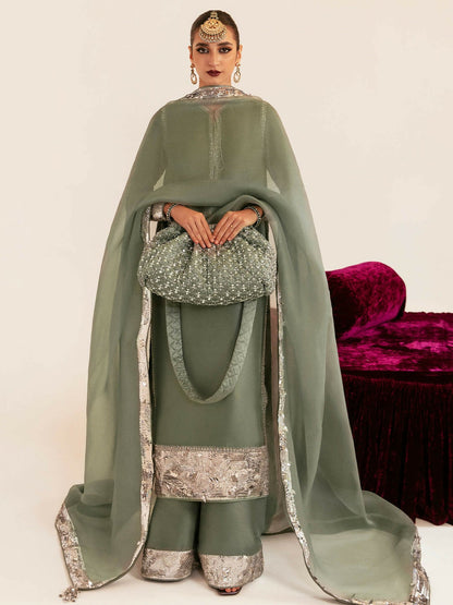 by Hussain Rehar light sea-green raw silk long shirt with embellished palazzo pants and organza dupatta