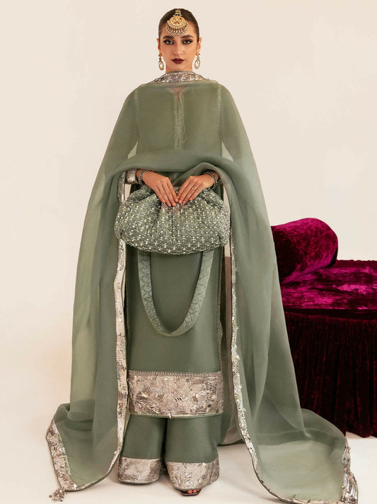 by Hussain Rehar light sea-green raw silk long shirt with embellished palazzo pants and organza dupatta