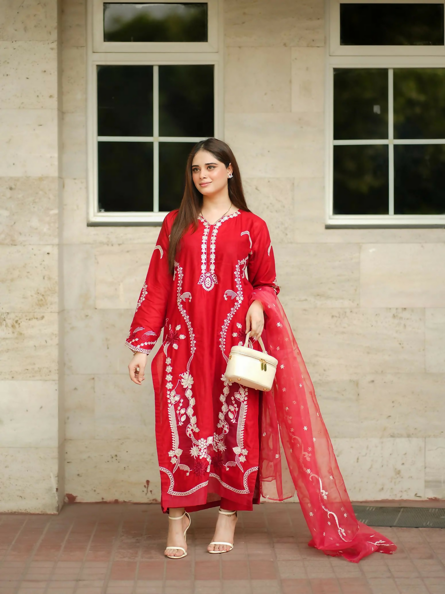 Zeephire Cotton Embroidered Stitched 3-Piece Suit-Red Reverie