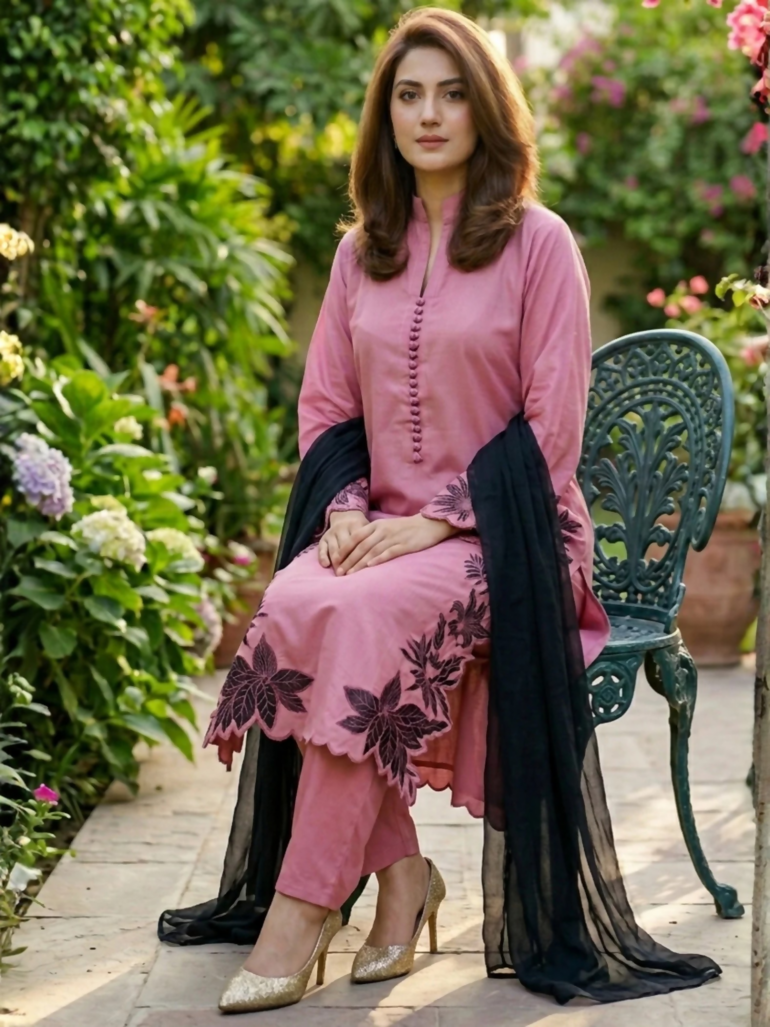 Duas Boutique Linen Embroidered Stitched 3-Piece Suit-Kashmiri Chai