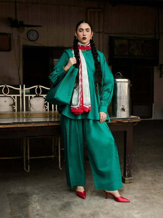 Jugnu by Hussain Rehar Cotton Embroidered Stitched 3-Piece Suit-Jade