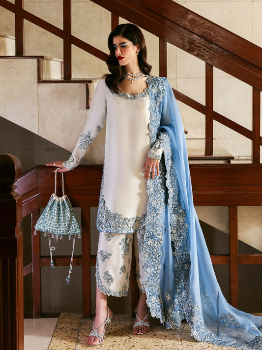 Hussain Rehar unstitched 3-piece suit with embroidered raw silk shirt, organza embroidered dupatta, and raw silk culottes.