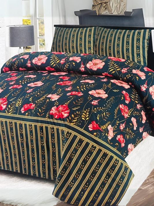 Dark green 3-piece printed bedspread set with soft pink floral print, styled on a bed with matching pillow covers.