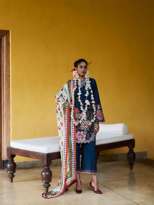 Jugnu by Hussain Rehar stitched 3-piece suit with embroidered shirt, embroidered culottes, and printed dupatta.