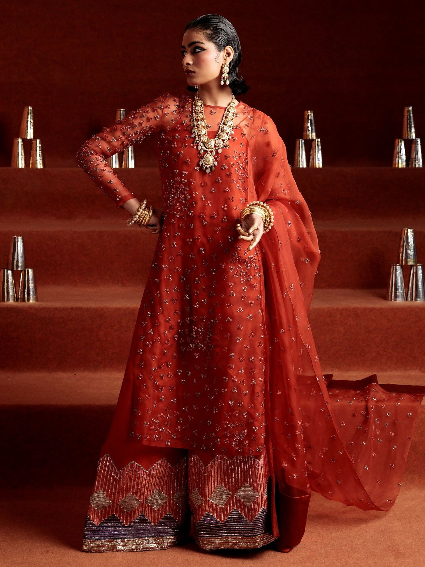 Hussain Rehar rust organza embellished shirt with raw silk palazzo pants and organza dupatta