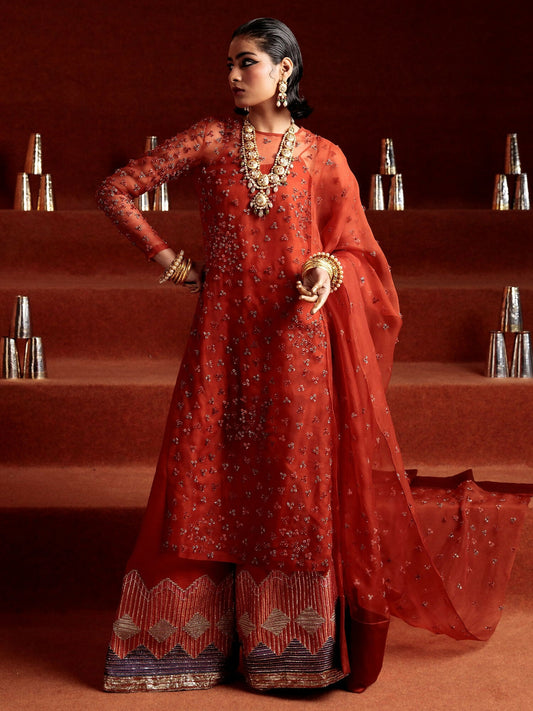 Hussain Rehar rust organza embellished shirt with raw silk palazzo pants and organza dupatta