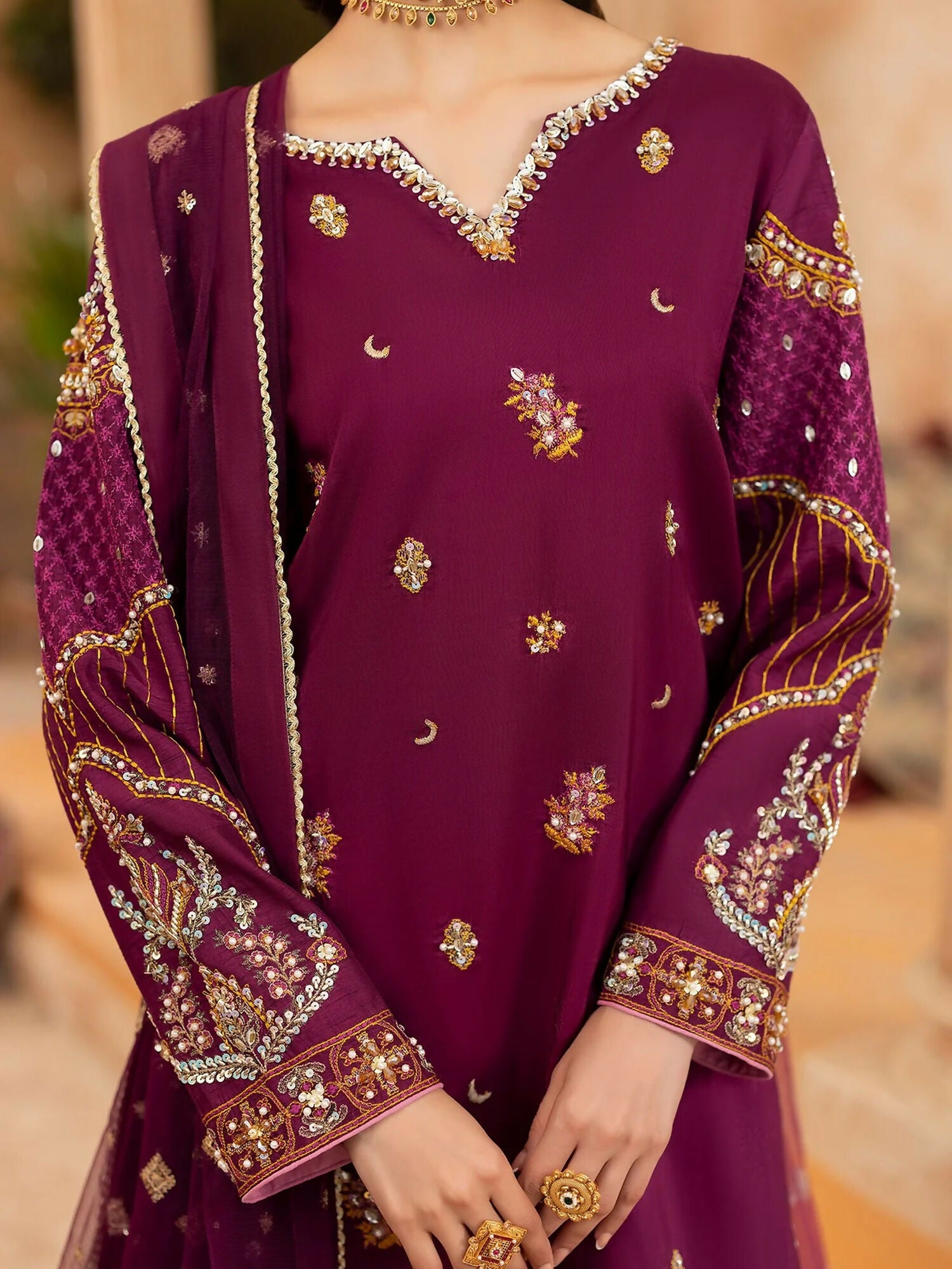 Shurooq Kanpur 1912 Silk Embellished Stitched 3-Piece Suit-Nehel