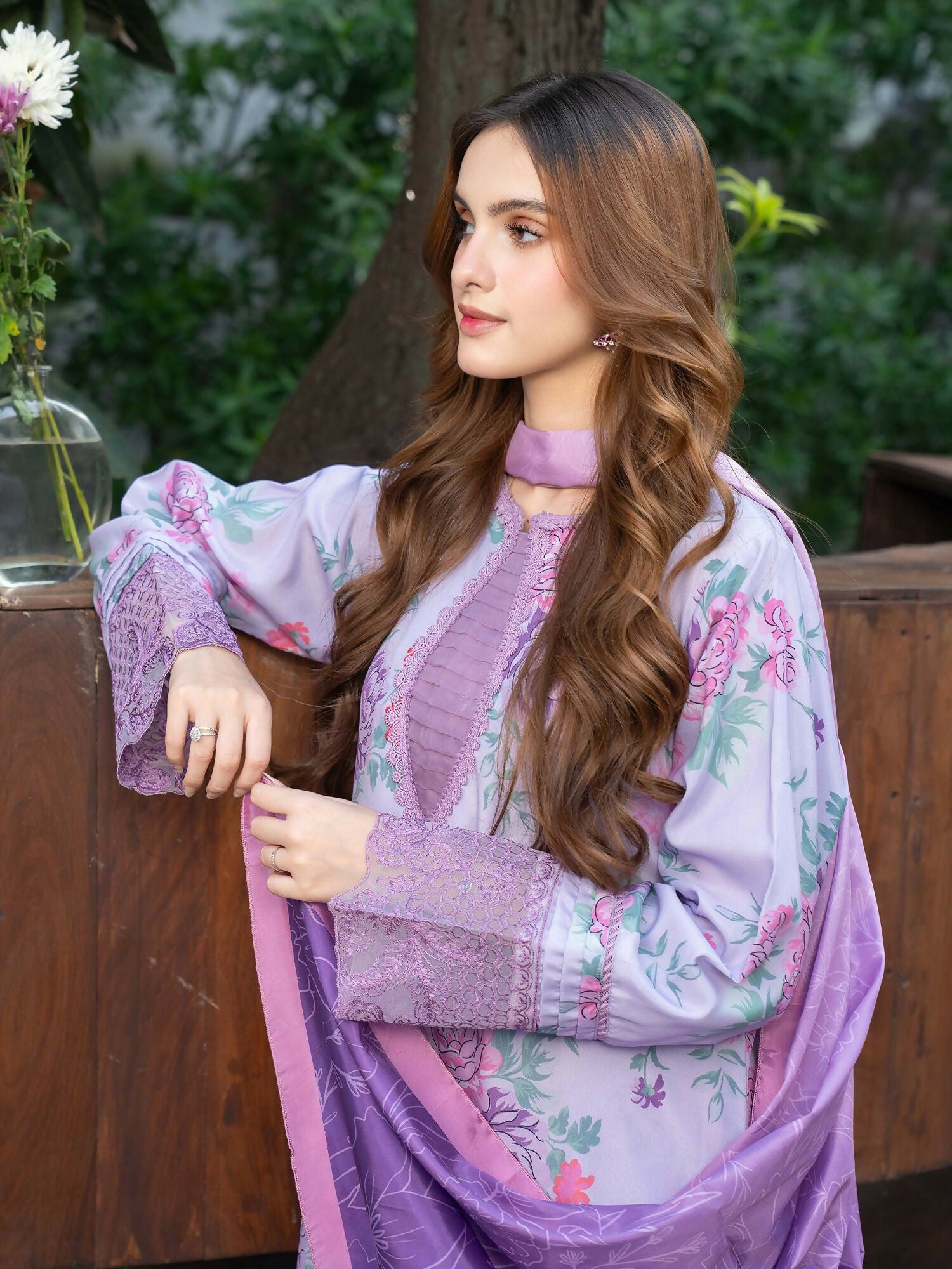 Panache Apparel Raw Silk Embroidered Stitched Suit-Lavender Bloom